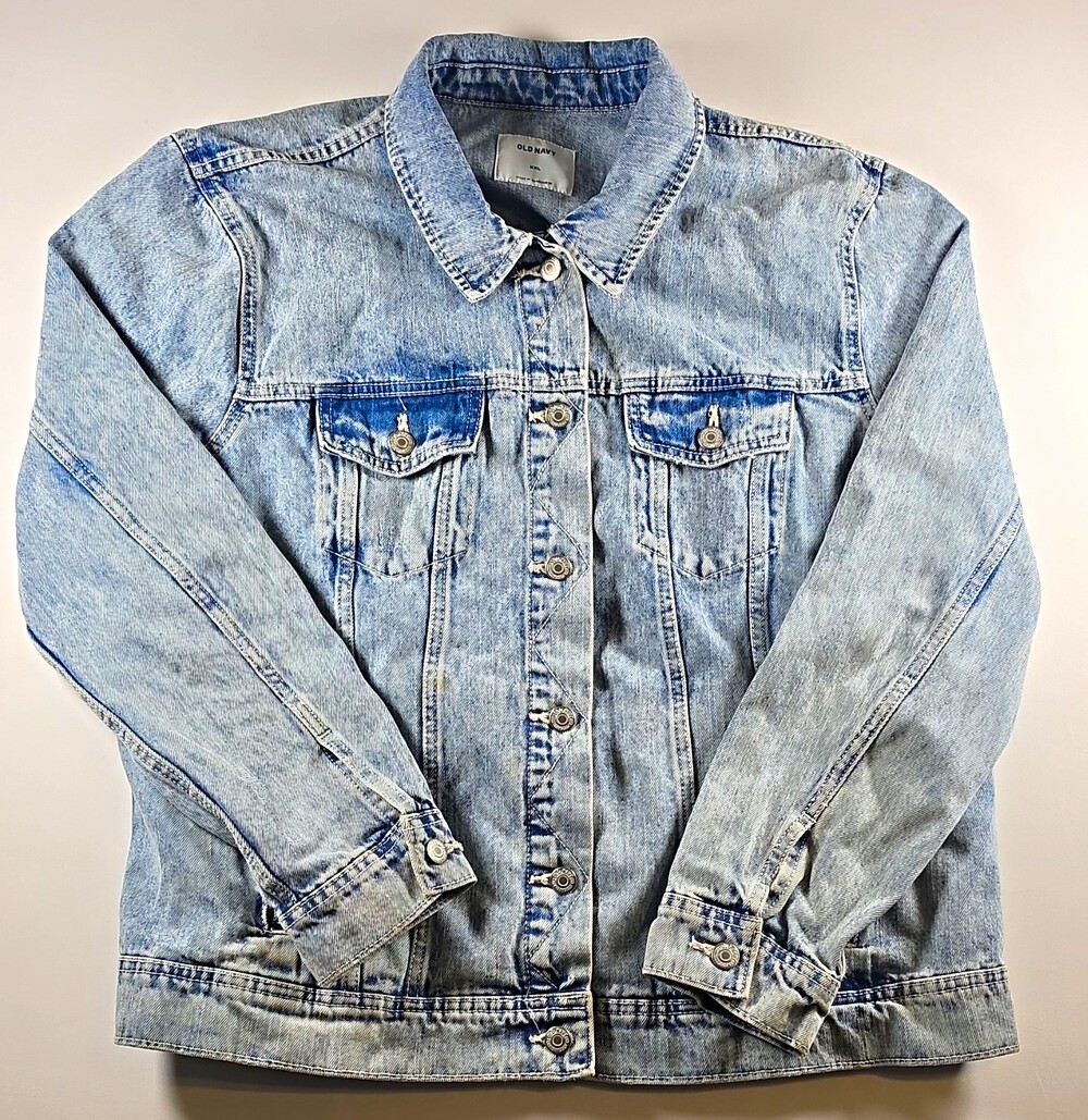 Old Navy Denim Jacket XXL Distressed American Flag Graphic Light Wash